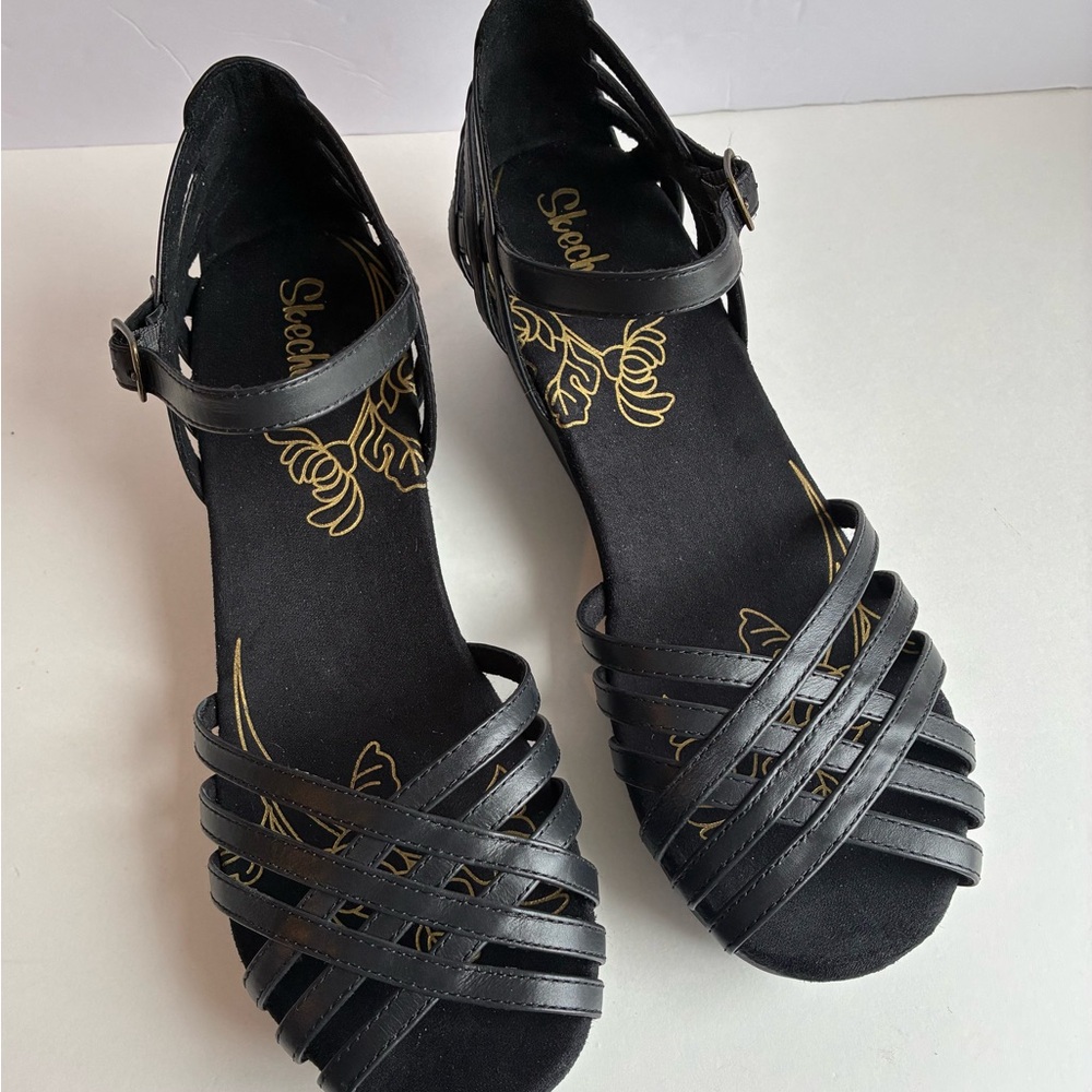 Skechers Women’s Orchard Blossom Wedge Sandals Heels Strappy Black Size 9 - Picture 4 of 9